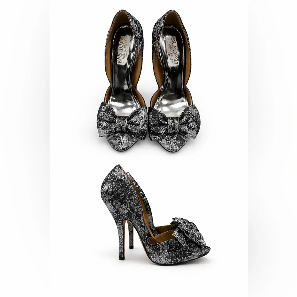 Badgley Mischka Platform Peep Toes Metallic Silver-Black Bow Heels Size 7.5 M - Picture 3 of 16